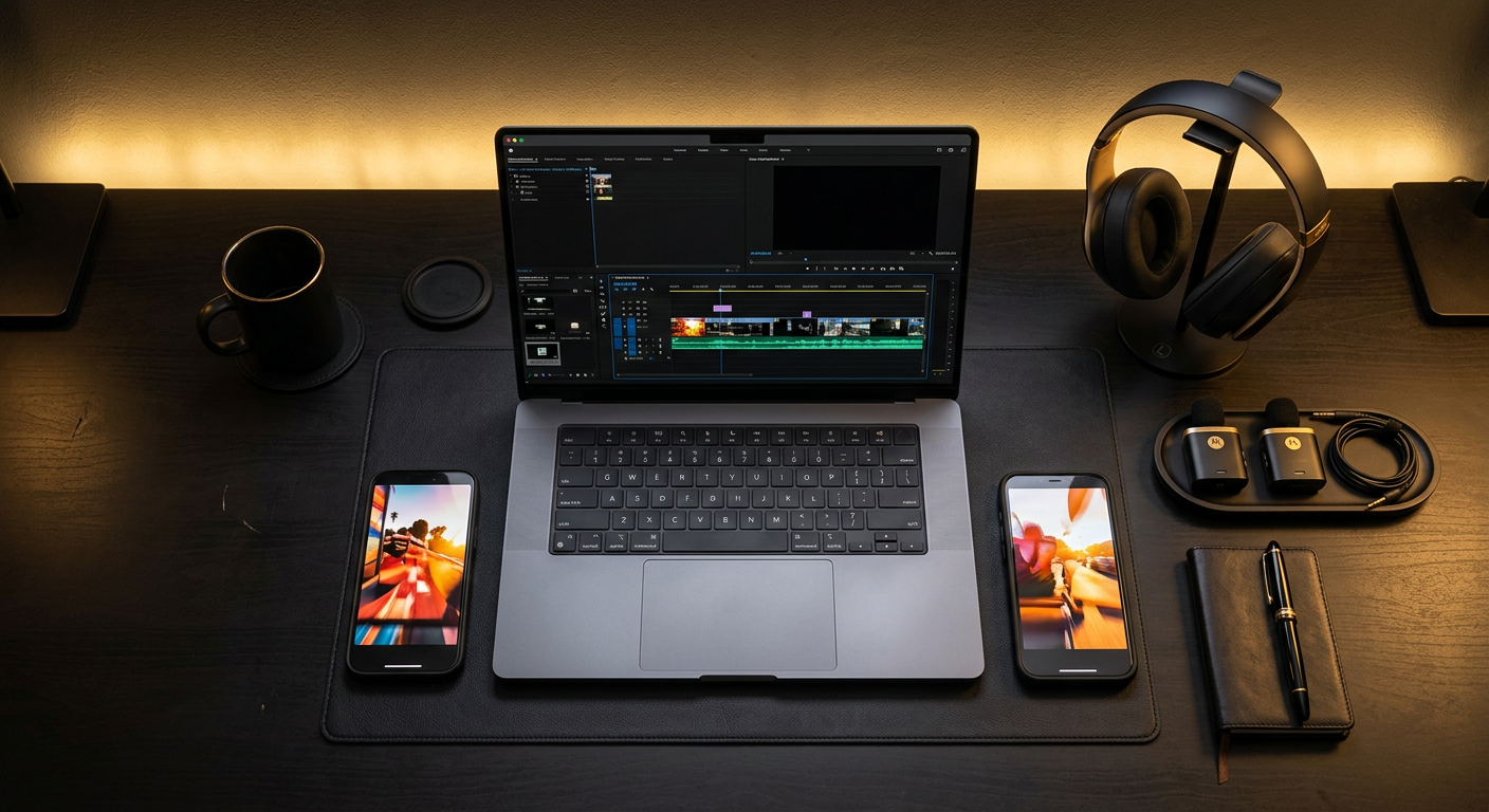 A black desk with a laptop showing an editing timeline and phones, in gold light