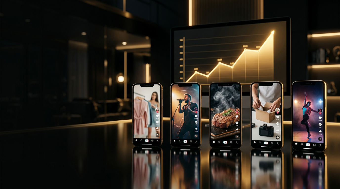 Five phones playing short-form UGC videos in front of a rising gold analytics graph